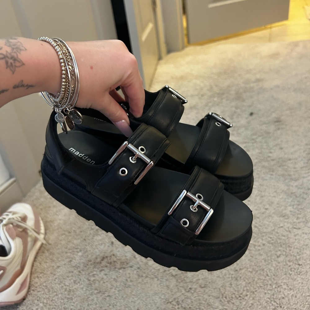 Black Platform Sandals with Silver Buckles